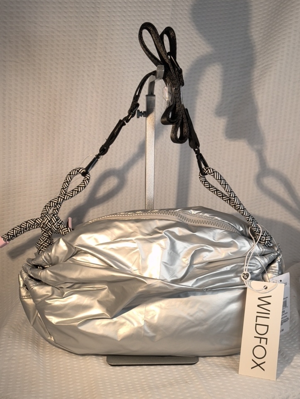 Wildfox HBWF-224-0054-30Metallic Silver Puffer Shoulder Bag with Patterned Strap